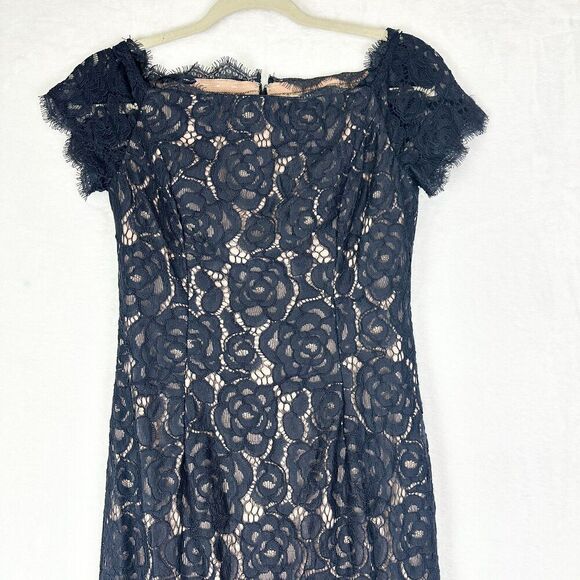 Adrianna Papell Lace Off The Shoulder Mermaid Gown Size 2 Navy Special Occasion - Picture 3 of 8